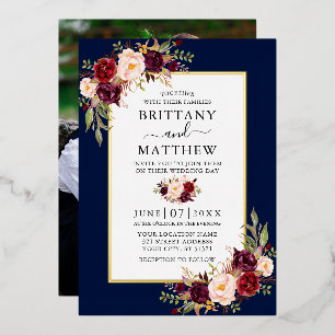 Invitation En Aluminium Mariage photo floral aquarelle bleu or