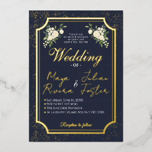 Invitation En Aluminium Mariage Photo Floral Blanc Pailleté Or Navy
