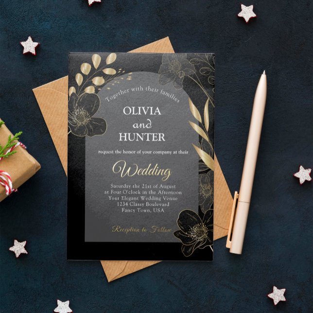 Invitation En Aluminium Mariage photo floral noir et or moderne Foil (Black and Gold Floral wedding invitation card )