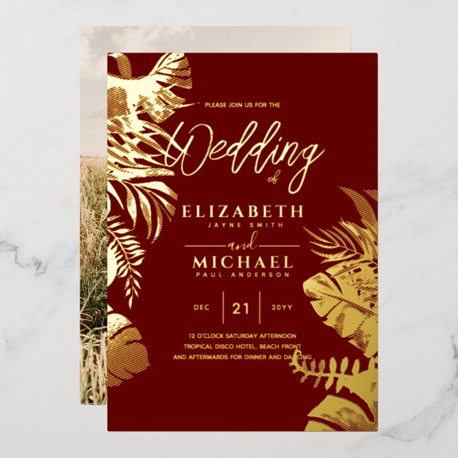 Invitation En Aluminium Mariage PHOTO Gold Disco Tropical Moderne (Recto/Verso)