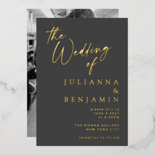 Invitation En Aluminium Mariage photo minimaliste Elegant Gold Black Scrip