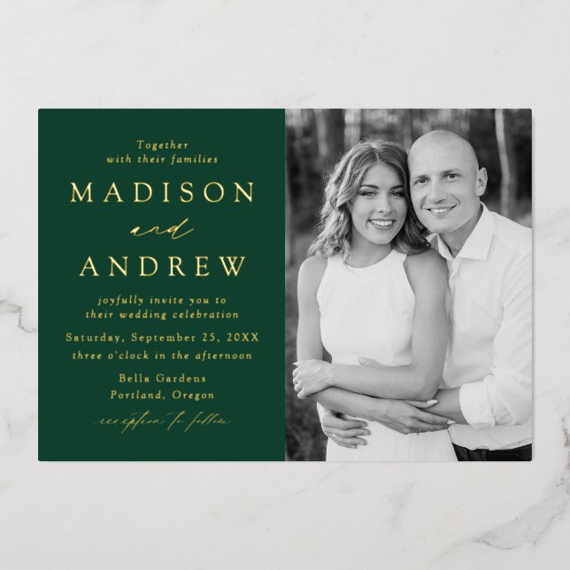 Invitation En Aluminium Mariage photo moderne Elegance Green et Gold (Recto)