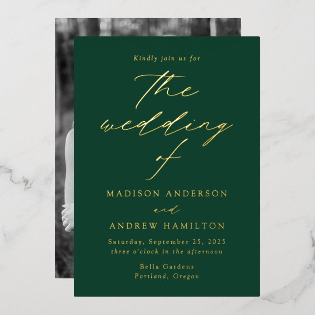Invitation En Aluminium Mariage photo moderne Elegance Green et Gold (Recto/Verso)
