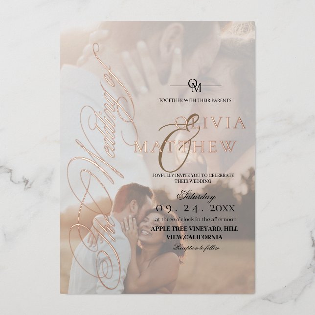 Invitation En Aluminium Mariage photo moderne Elegant Blanc et Noir Or (Recto)