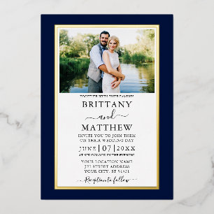 Invitation En Aluminium Mariage photo moderne Elegant Bleu Or