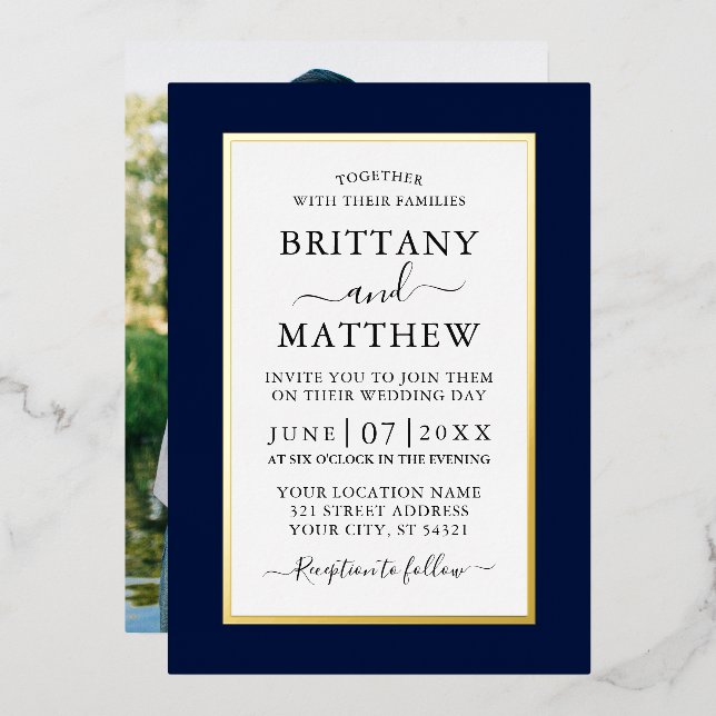 Invitation En Aluminium Mariage photo moderne élégant Blue Gold (Recto/Verso)