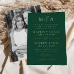 Invitation En Aluminium Mariage photo moderne Elegant Green Monogram<br><div class="desc">Faire-part de mariage minimaliste et moderne avec vos initiales monogrammes et les détails mariages affichés en papier doré avec accents de script de calligraphie. L'arrière - plan vert peut être changé en une couleur de votre choix. Le faire-part de mariage de feuille s'inverse pour afficher votre photo de fiançailles vertical....</div>