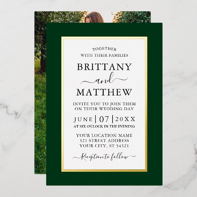 Invitation En Aluminium Mariage photo moderne élégant Vert Or (Recto/Verso)