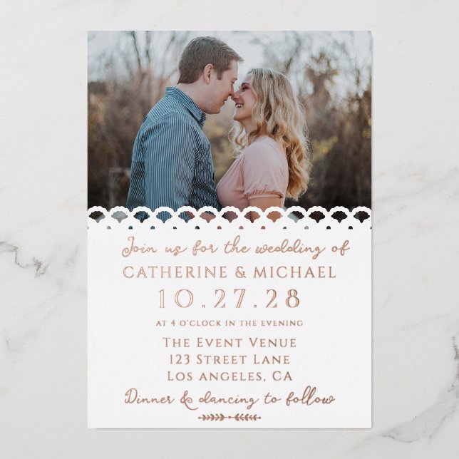 Invitation En Aluminium Mariage photo moderne Elegant White Lace (Recto)