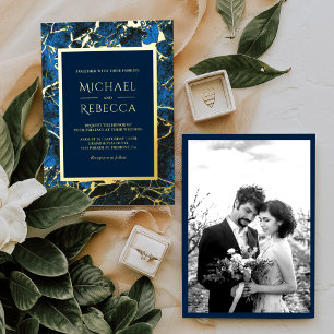 Invitation En Aluminium Mariage Photo Moderne Marbre Bleu Royal Or