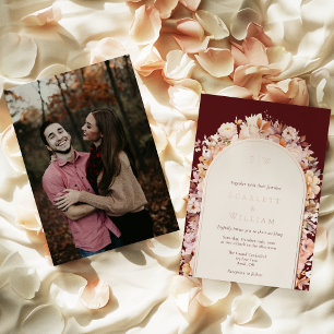 Invitation En Aluminium Mariage photo monogramme floral automnal burgundy