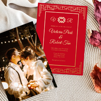 Invitation En Aluminium Mariage photo Monogramme Rouge or asiatique