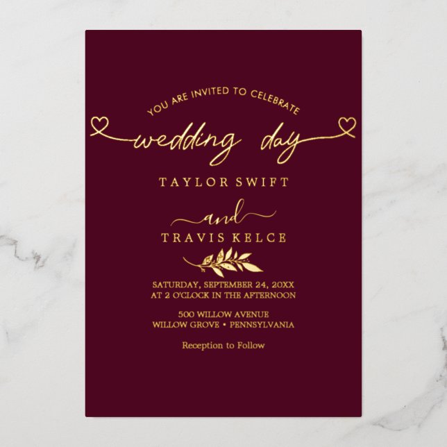 Invitation En Aluminium Mariage photo noir écriture feuille d'or moderne  (Recto)