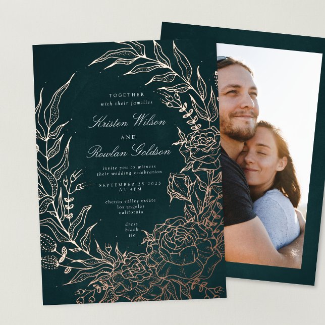 Invitation En Aluminium Mariage photo rose Gold Flower Wreath Emerald (Créateur téléchargé)