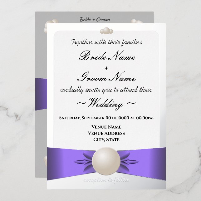 Invitation En Aluminium Mariage photo Sleek Lavender & Silver Pearl Ribbon (Recto/Verso)
