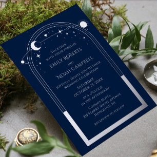 Invitation En Aluminium Mariage Photo Soleil Lune Étoiles Argent Bleu Myst