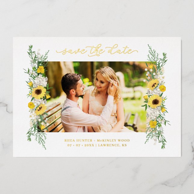 Invitation En Aluminium Mariage Photo Sunflowers Garland Chic Spring (Recto)