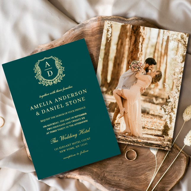 Invitation En Aluminium Mariage photo turquoise Green Gold Leafy Crest (Créateur téléchargé)