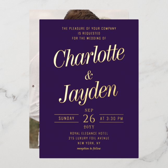 Invitation En Aluminium Mariage photo Violet Elegant Foil Script (Recto/Verso)