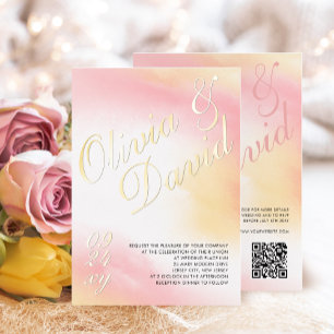 Invitation En Aluminium Mariage QR Code RSVP Aquarelle Rose Pastel Jaune