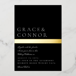 Invitation En Aluminium Mariage Rayure Classique Moderne Noir Gris Or Feui