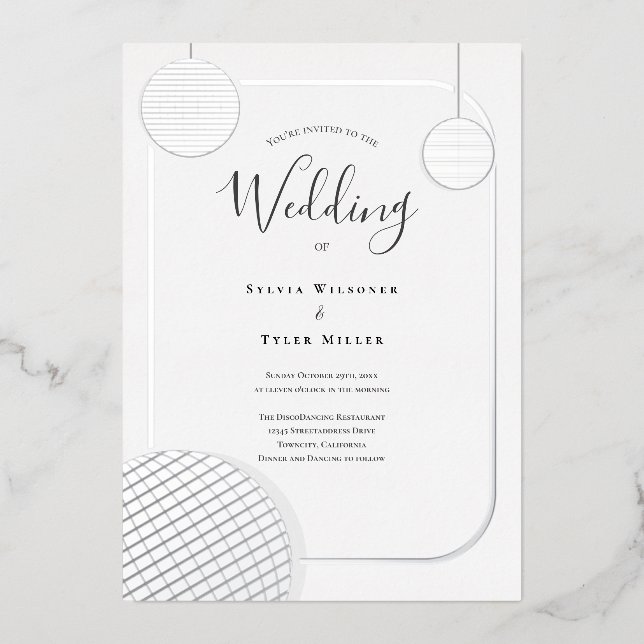 Invitation En Aluminium Mariage Rétro Argent Boule à Facettes (Recto)