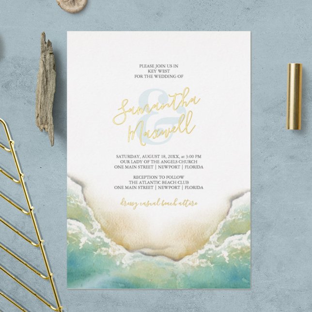 Invitation En Aluminium Mariage riverain bleu océan tropical (Beach wedding invitations watercolor shoreline art by Victoria Grigaliunas of Do Tell A Belle)