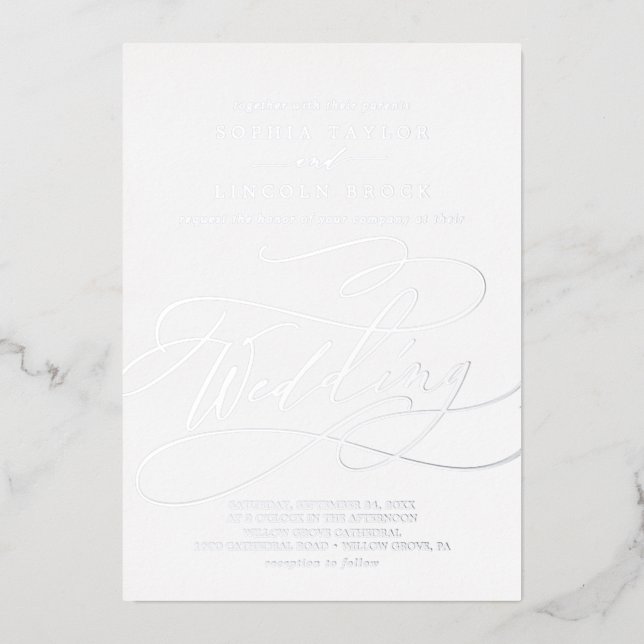 Invitation En Aluminium Mariage romantique à calligraphie avec feuille d'a (Recto)