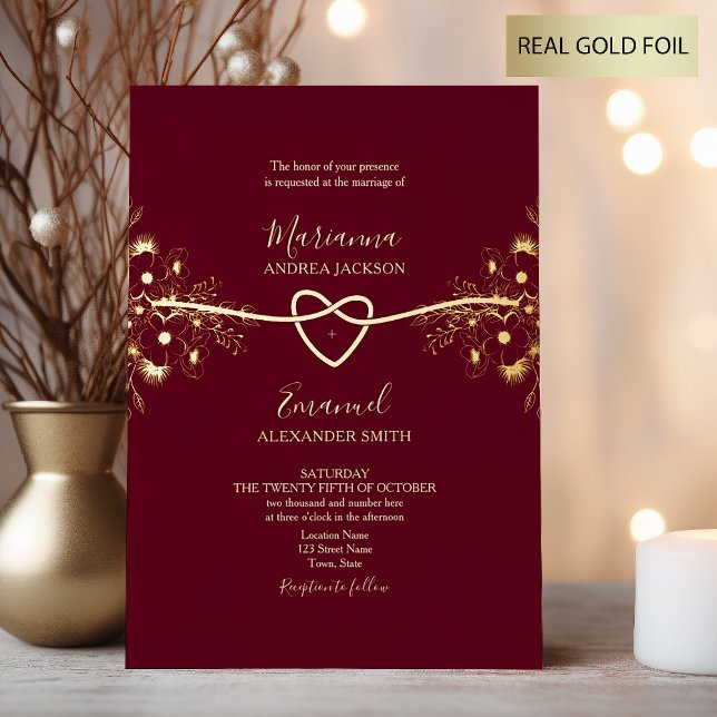 Invitation En Aluminium Mariage Romantique Or Bourgogne (Créateur téléchargé)
