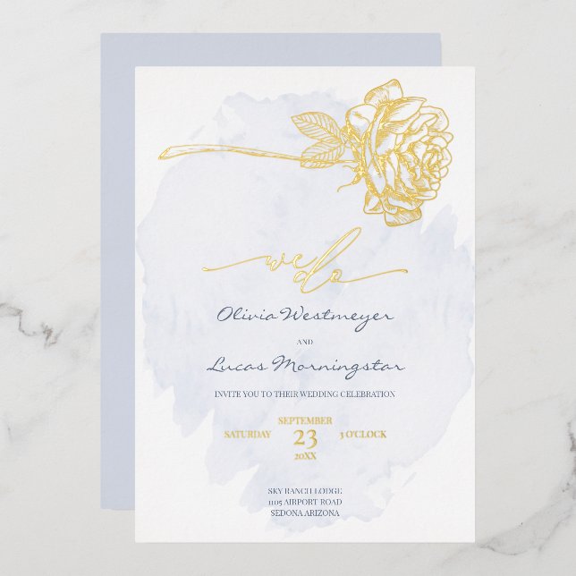 Invitation En Aluminium MARIAGE  | Rose doré sur fond bleu poussiéreux (Recto/Verso)