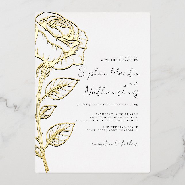 Invitation En Aluminium Mariage Rose élégant Real Gold Foil (Recto)