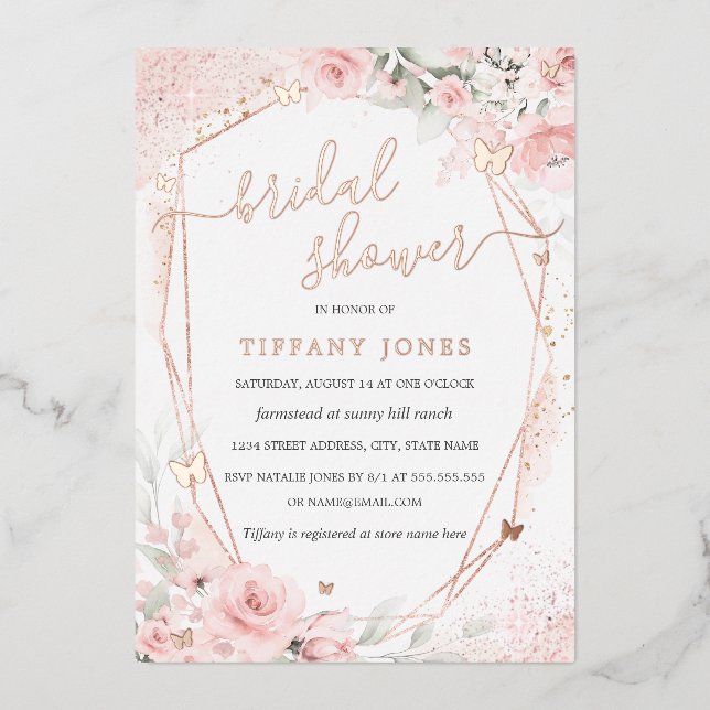 Invitation En Aluminium Mariage Rose Fleur de Papillon Rose Pale (Recto)
