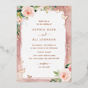 Invitation En Aluminium Mariage Rose Gold Floral Blush Rose Pailletée Réel
