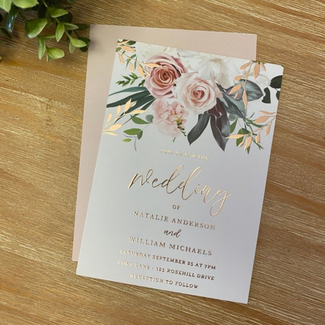 Invitation En Aluminium Mariage rose Gold Foil & Blush Flower (Créateur téléchargé)