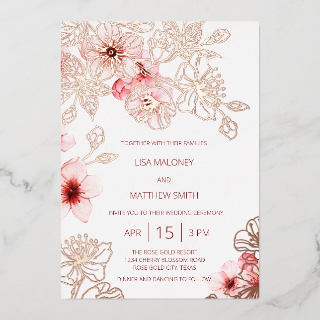 Invitation En Aluminium Mariage rose Gold Rose cerisier en fleurs (Recto)