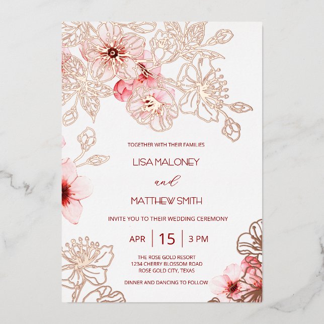 Invitation En Aluminium Mariage rose Gold Rose cerisier en fleurs (Recto)