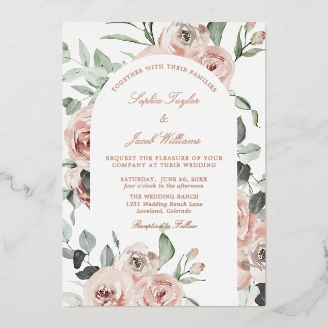 Invitation En Aluminium Mariage rose or rose floral Eucalyptus (Recto)