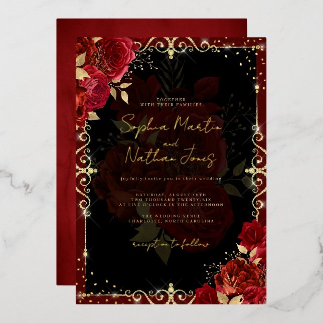 Invitation En Aluminium Mariage Rose Royal Red Gold (Recto/Verso)