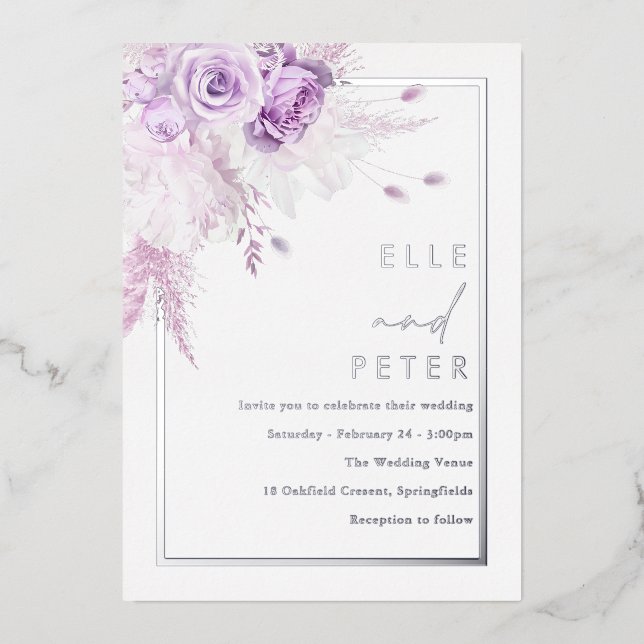 Invitation En Aluminium Mariage Rose Silver Foil & Lavender (Recto)