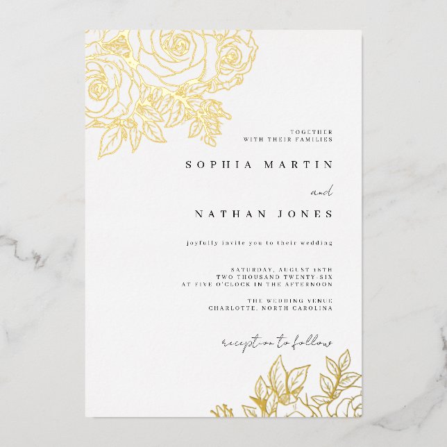 Invitation En Aluminium Mariage Rose Véritable Gold Foil (Recto)