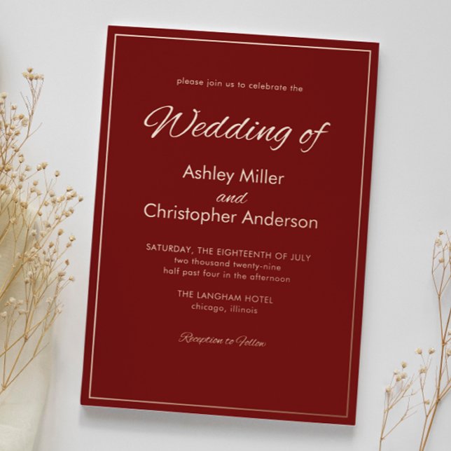 Invitation En Aluminium Mariage rouge Crimson de script minimaliste (Créateur téléchargé)