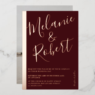 Invitation En Aluminium Mariage rouge moderne photo rose or strié