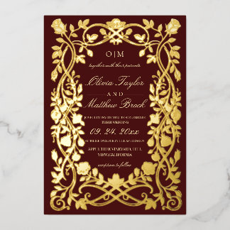 Invitation En Aluminium Mariage Royal Français Orné Bourgogne Feuille d'Or