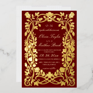 Invitation En Aluminium Mariage Royal Orné Roses Bordeaux et Or Feuille