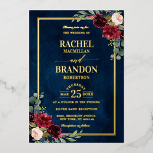 Invitation En Aluminium Mariage rustique bleu marine or floral Bourgogne
