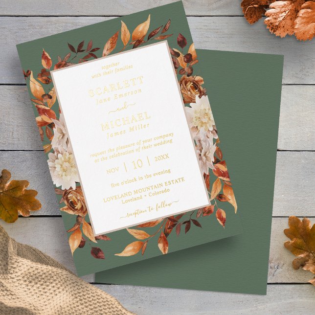 Invitation En Aluminium Mariage Rustique de Feuilles (Autumn Leaves Rustic Sage Green Wedding Foil Invitation by Painted Paperie
)