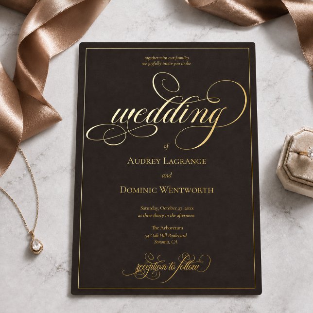 Invitation En Aluminium Mariage Script Calligraphié Brun Doré Espresso (elegant luxurious opulent romantic espresso brown calligraphy script wedding gold foil invitation)