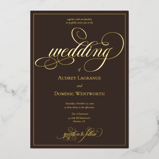 Invitation En Aluminium Mariage Script Calligraphié Brun Doré Espresso (Recto)