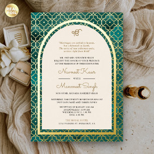 Invitation En Aluminium Mariage Sikh à motif marocain sarcelle et arche en