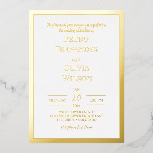 Invitation En Aluminium Mariage simple cadre de feuille d'or (Recto)